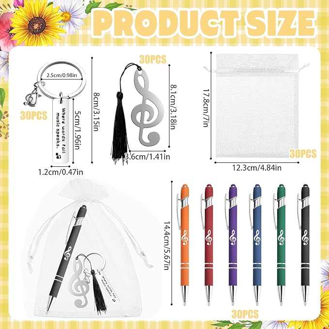 120 Pcs Music Gifts Bulk for Students Include 30 Music Note Ballpoint Pen 30 Music Keychain 30 Metal Music Bookmark 30 Organza Bag Choir Gifts for Student Teacher Music Lover