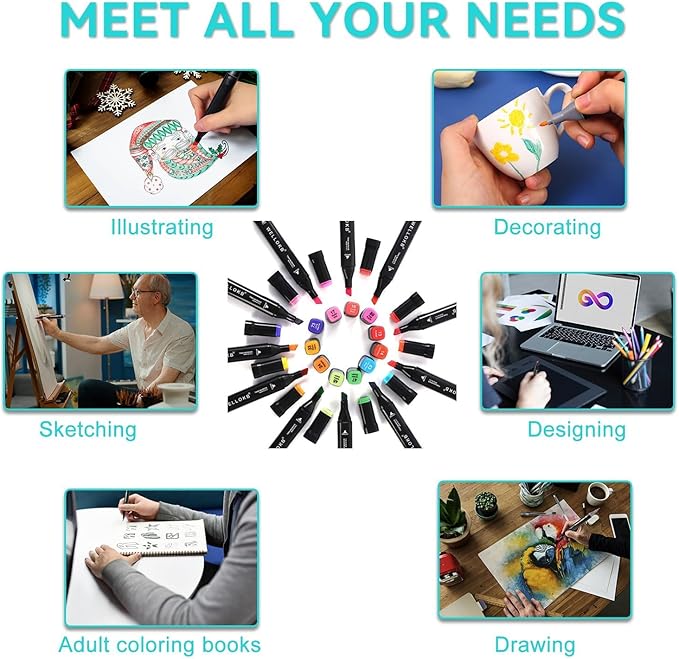 Alcohol Markers Set, 60 colors Alcohol Based Dual Tip, Broad and Brush Tip for Adult Coloring Books, Drawing, Sketching (60)