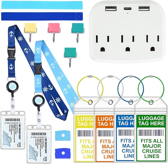 15 Pcs Cruise Essentials Accessories Kit Must Haves Set Include Non-Surge Power Strip, Retractable Cruise Lanyards for Ship Card, Luggage Tags Holder, Towel Bands, Anti Nausea Wristband, Magnetic Hook