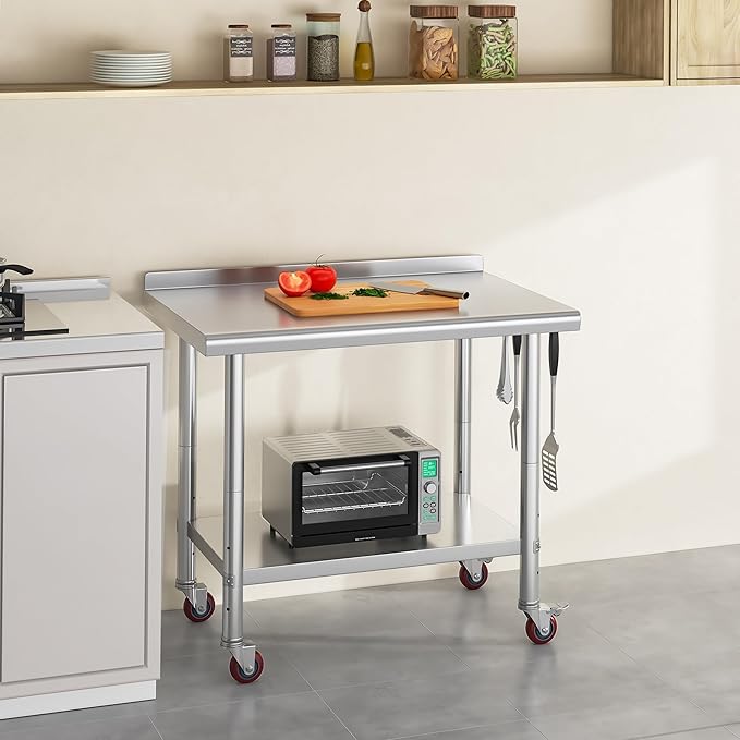 YITAHOME 36" x 24" Stainless Steel Table with Wheels for Prep & Work with Backsplash, NSF Metal Table Prep Table with Undershelf for Home Kitchen Restaurant Garage Warehouse