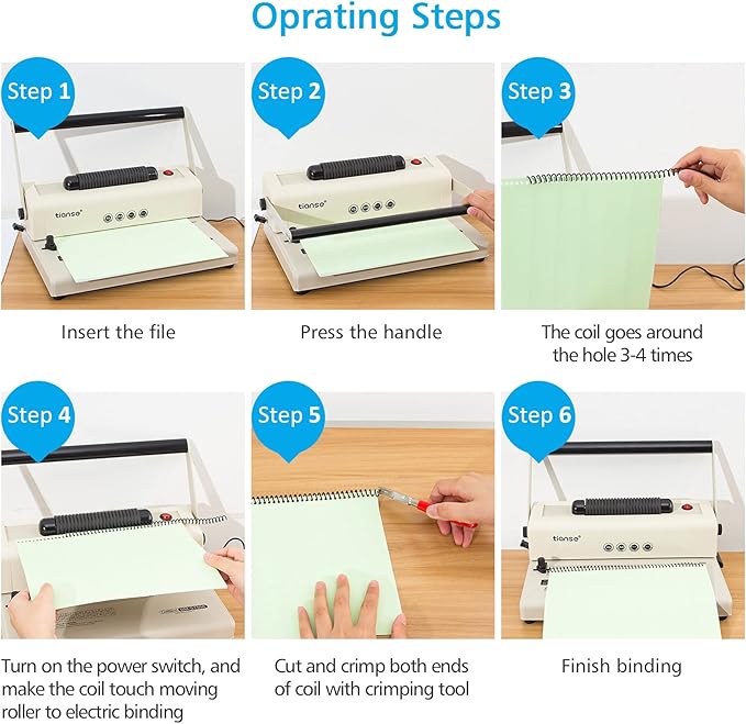 TIANSE Coil Binding Machine, Electric Coil Inserter, Manual Round Hole Punch, 15 Sheets Punch Capacity, Perfect for Letter Size / A4 / A5, Comes with 100pcs 5/16'' Plastic Coil Binding Spines & Plier