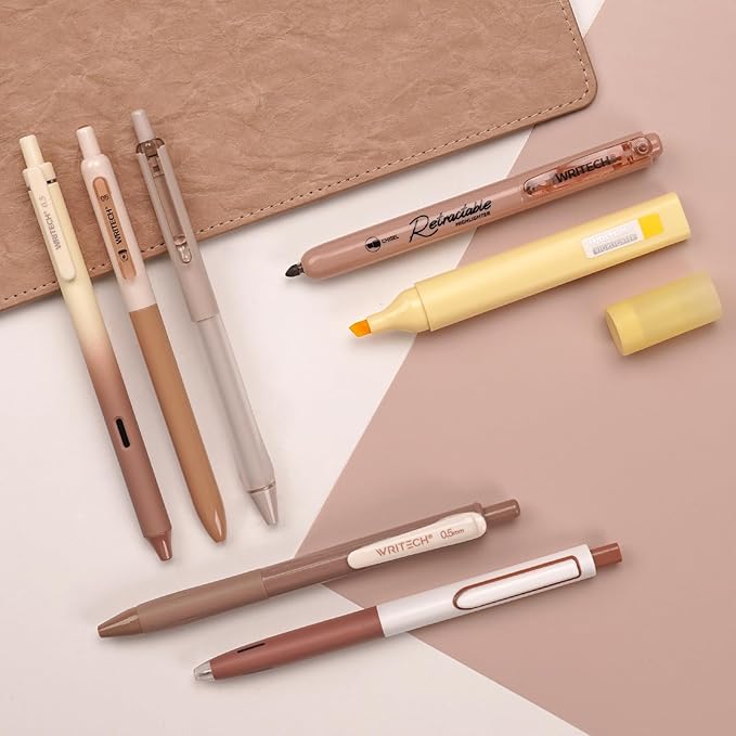 WRITECH Gel Pens Journaling Highlighters: Journal Set Aesthetic Assorted Earth Tones Color Ink 0.5mm Fine Point Retractable 0.7mm Black Pen Smooth Writing Drawing No Bleed 7ct (Brown)