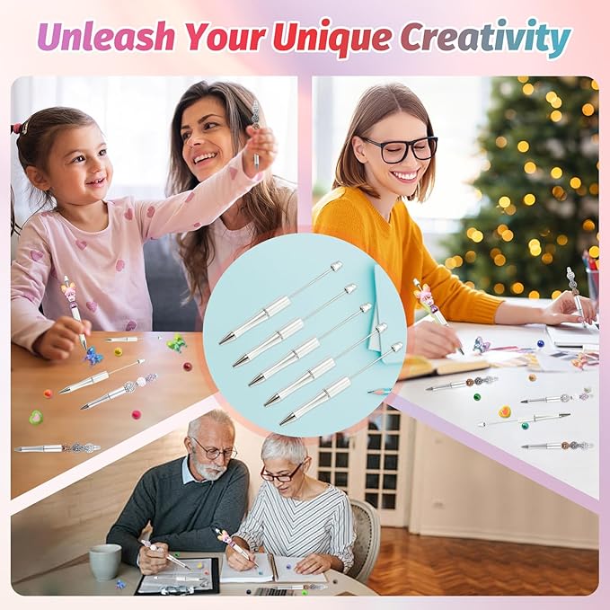 15 Pieces Beadable Pens - Beaded Pens Plastic Diy Black Ink Ballpoint Pens Bulk - Bead Pens Suitable For Teacher, Students, Office, School, Graduation Gift Supplies（Silver）