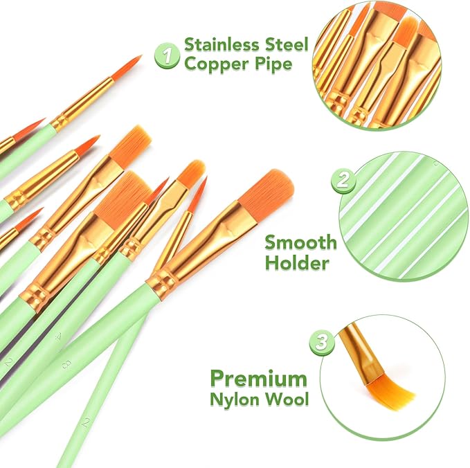 ESRICH Paint Brushes Set,8 Packs 80 Pcs Acrylic Paint Brush Set,St. Patrick's Party Acrylic Oil Watercolor, Face Nail Art, Miniature Detailing,Rock Painting,Painting Artist Professional Kits(Green) ﻿