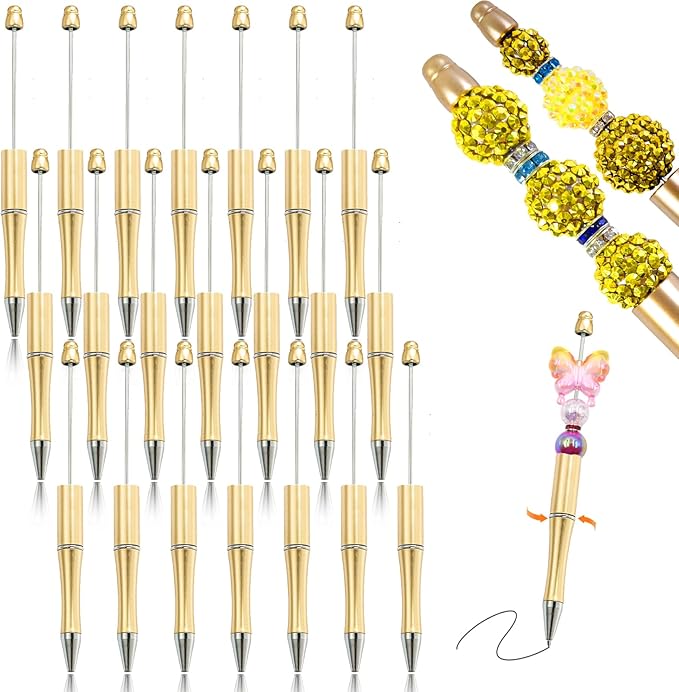 15 Pieces Beadable Pens - Beaded Pens Plastic Diy Black Ink Ballpoint Pens Bulk - Bead Pens Suitable For Teacher, Students, Office, School, Graduation Gift Supplies（Golden）