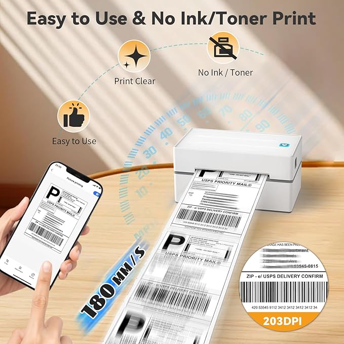 Bluetooth Thermal Shipping Label Printer, Wireless 4x6 Shipping Label Sticker Printer for Small Business and Office, Compatible with Android&iOS Windows, Used for Amazon, Shopify, Etsy USPS