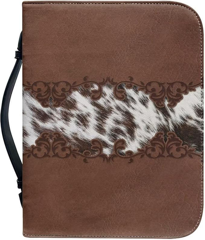 Vintage Cow Print Leather Bible Cover Bible Cover Cases for Church Studying Pouch Bible Tabs Carrier Pen Holder Multi Pocket Bible Bag