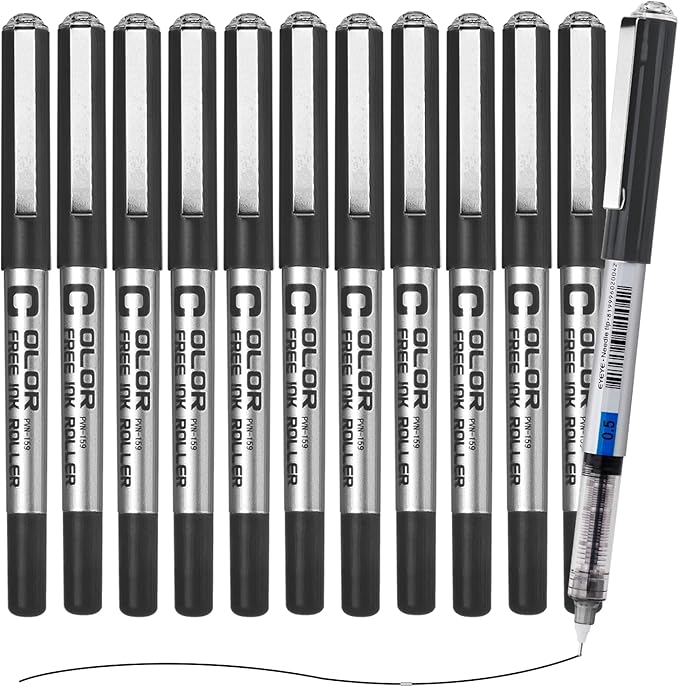 EYEYE Black Rollerball Pens 0.5mm Needle Tip, 12 Pack Extra Fine Point Roller Ball Pen Quick Dry, Liquid Ink Pens Fine Point Smooth Writing Pen for Journaling, Note Taking, Office, School Supplies