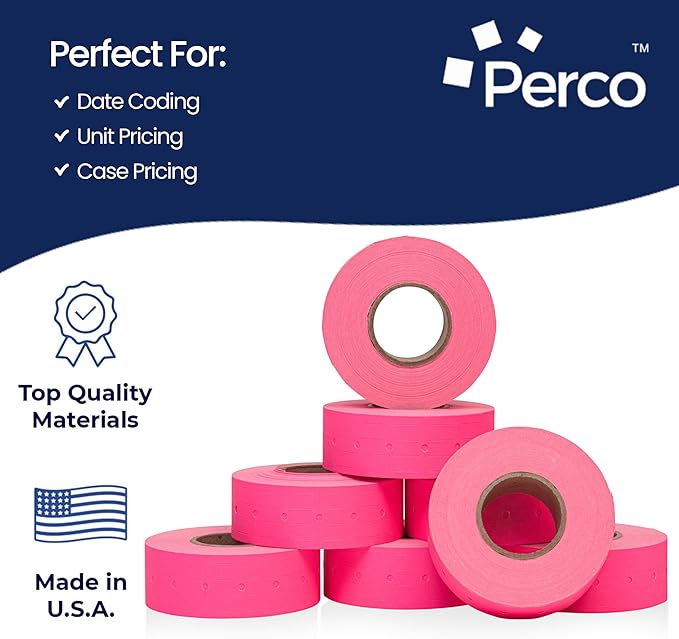 Perco 1 Line Fluorescent Pink Labels - 80 Rolls, 10 Sleeves, 80,000 Blank Price and Date Gun Labels for Perco 1 Line Price and Date Guns - Made in USA