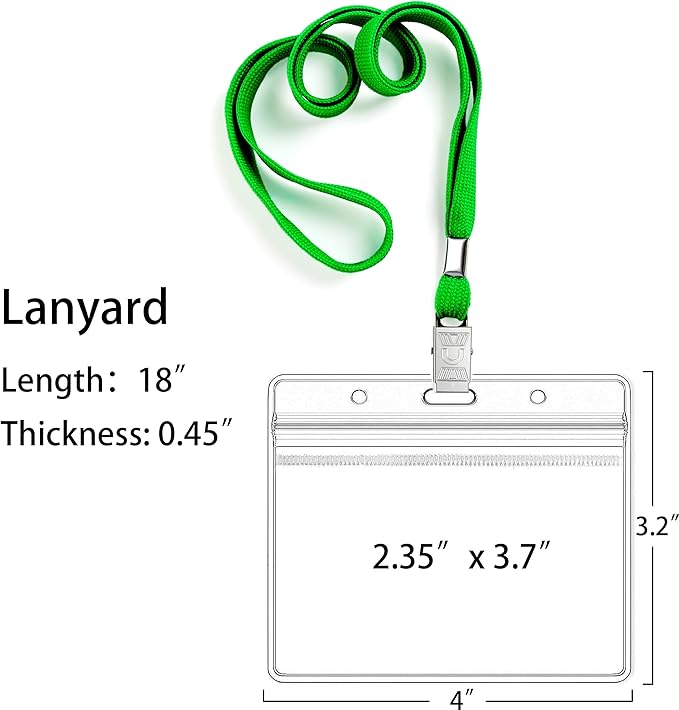 100Pcs Clear Plastic Horizontal Name Tags Badge ID Card Holders and 100Pcs Lanyards with with Clip lanyards for id Badges (Green)