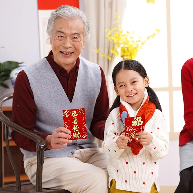 36pcs Chinese Red Envelopes, New Year Hong Bao with Classic Patterns and Blessing Words Lucky Money Lunar New Year Envelopes Lai See Pocket Gift Packet for Festival