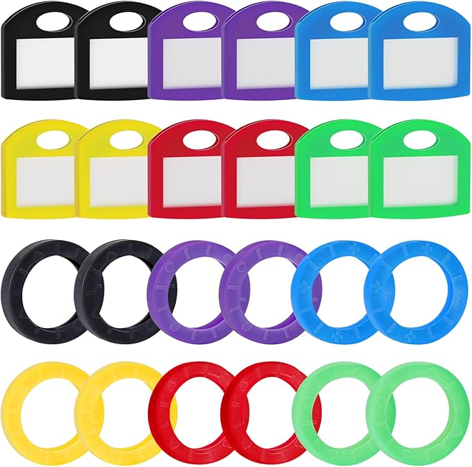 Uniclife 12 Pack Round Key Caps Covers and 12 Pack Key Cap Tags with Blank Paper Labels & Clear Windows Colorful Key Identifiers Protectors for Regular Flat House Keys (Not for Odd-Shaped Keys)