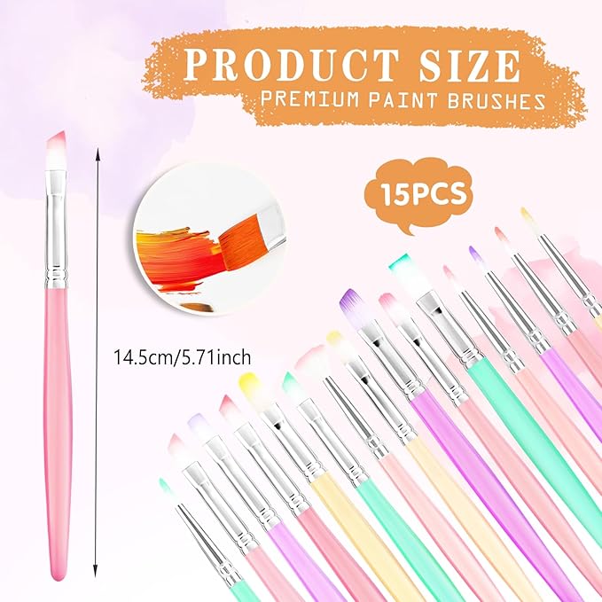Art Paint Brush Set, Colorful Paint Brushes, Different Sizes for Artists, Adults & Kids, Painting Brushes Set with Paint Palettes, Paint Brushes, Art Paint Brushes for Watercolor, Oil, Face, 15 Pack