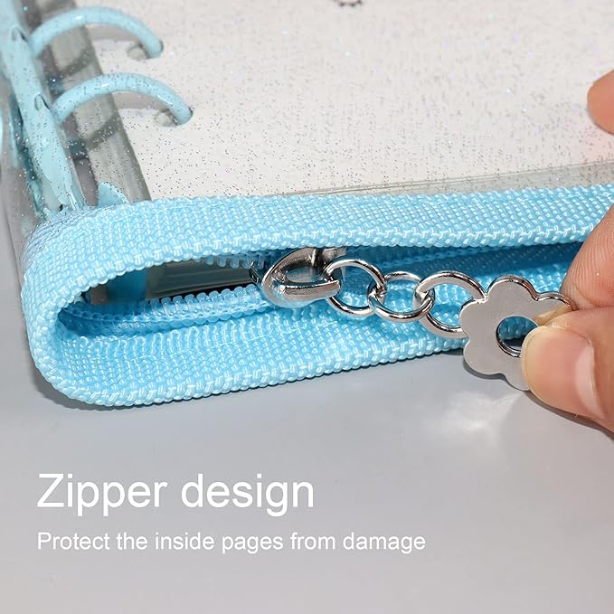 Multibey A5 Binder Cover Clear Soft PVC 6-Ring Binder Budget Evelopes System with Zipper Planner Organizer Refillable Notebook Journal Binder (Blue, A6)