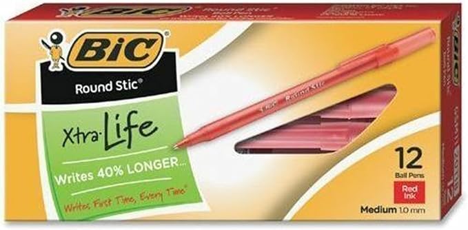 BIC® Round Stic® Xtra Life Ball Point Pen; Red; 12 Pack