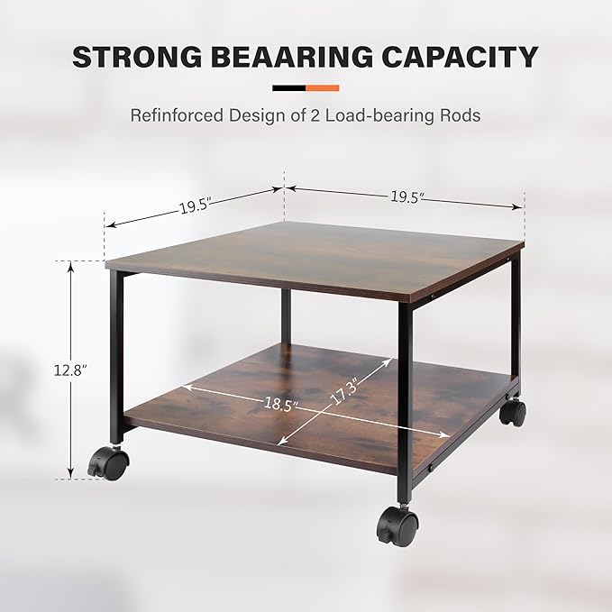 EMERIT 2-Tier Under Desk Printer Stand w/Storage - 19.5x19.5x12.8''Heavy Duty Rolling Cart, Mobile Printer Table with Lockable Wheels for Home Office Organization - Industrial Style