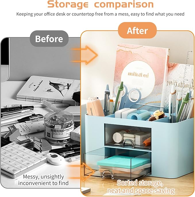 Pencil Pen Holder for Desk,2 Drawer Desk Organizers,5 Compartments Desktop Storage Stationery Supplies Organizer, Cute Pencil Cup Pot For Office, School, Home(Blue)