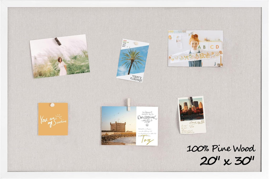 Fun Memories Cork Board Bulletin Board for Office, 20" x 30" Pine Wooden Framed Corkboard, Wall Mounted Notice Pin Board for School Home & Office, White