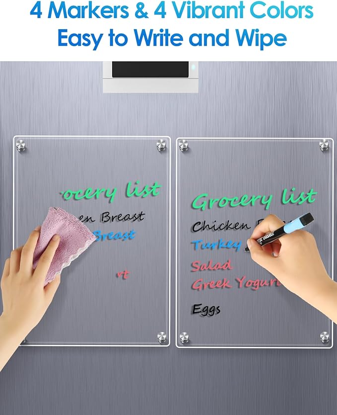MaxGear 11"x14" Acrylic Dry Erase Board, Small Clear Magnetic Fridge WhiteBoard Mini Acrylic Memo Notepad for Refridgerator, Kitchen Menu Board Meal Planner Schedule Board, Include 4 Markers, 1 Cloth