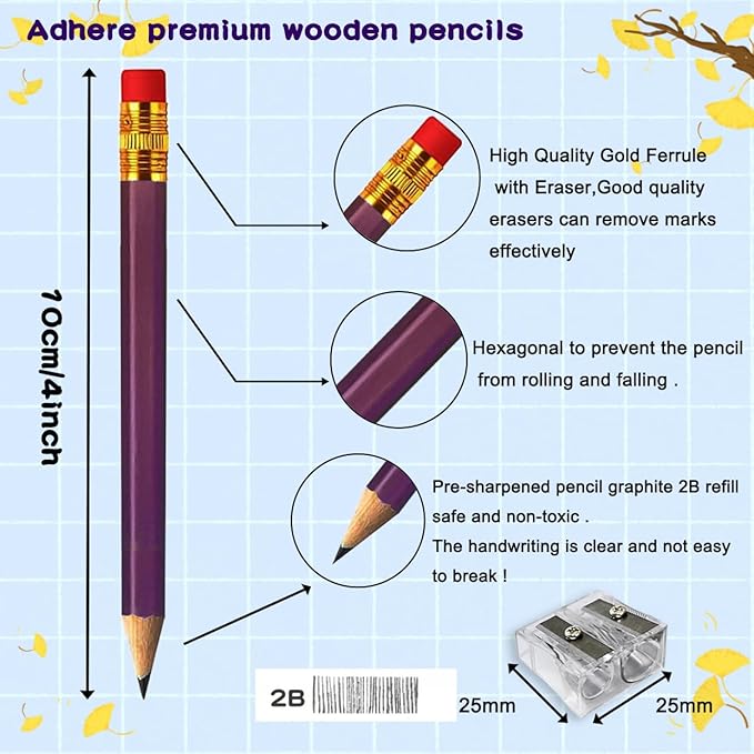 Adhere 25pcs Golf Pencils with eraser Hexagon Wooden Pencils Graphite 2B for Golf Event Scoring,Classroom,Wedding,Company Meetings,Pew, Pocket(Purple)