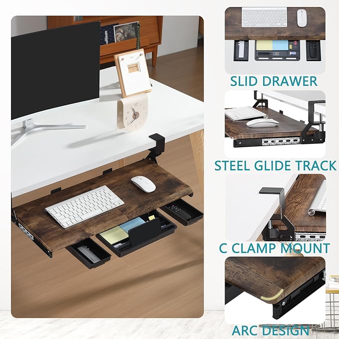 ETHU Keyboard Tray Under Desk, Pull Out Keyboard & Mouse Tray with C-clamp, Ergonomic Desk Keyboard Tray Slide Out, Pull Out Platform Drawer for Home and Office(Wood)