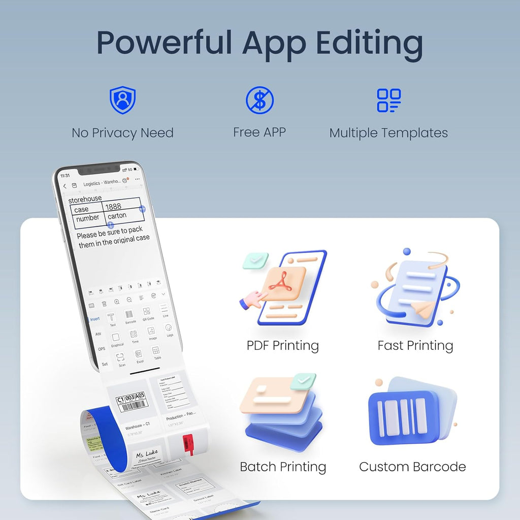 CLABEL Thermal Label Maker Machine: 221B Bluetooth Label Printer Mini Sticker Barcode Printer Inkless Label Maker Compatible with Clothing Price Labeling with 1 Roll of 50x30mm Label(Gray White)