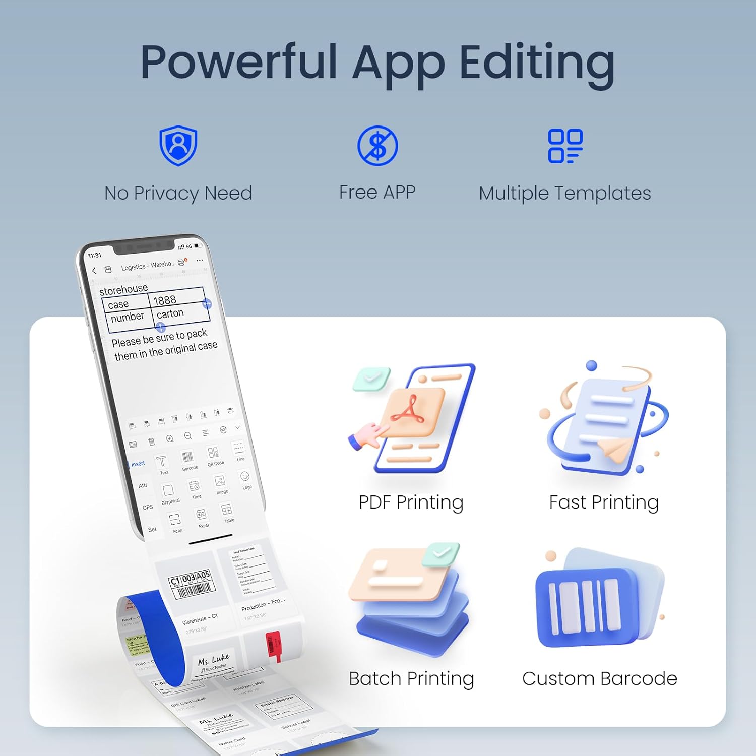 CLABEL Thermal Label Maker Machine: 221B Bluetooth Label Printer Mini Sticker Barcode Printer Inkless Label Maker Compatible with Clothing Price Labeling with 1 Roll of 50x30mm Label(Gray White)