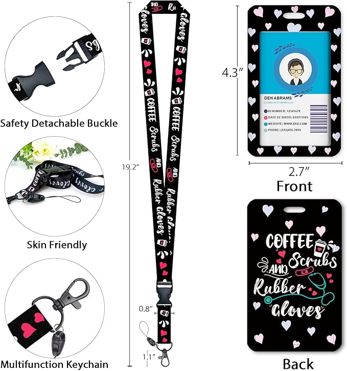 Funny Nurse ID Badge Holder with Lanyard, Coffee Scrubs and Rubber Gloves Badge Reel Retractable with 360 Degrees Rotate Carabiner Clip Heavy Duty, Cute ID Holder ID Clip Name Badge Clip Keychain