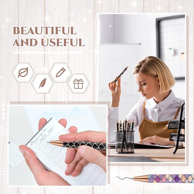 Sherr 7 Pcs Fancy Pens for Women Cute Sparkly Glitter Pens with 10 Pcs Black Ink Refills Pretty Gifts for Girls Office School Christmas Graduation(Black,Simple)