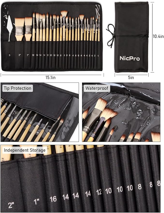 Nicpro 26pcs Paint Brush Set, Professional Paintbrushes with Palette Knife and Cloth Roll, Artist Paint Brushes for Acrylic Painting, Oil, Watercolor & Gouache, Adults Kids Art Painting Tools Supplies