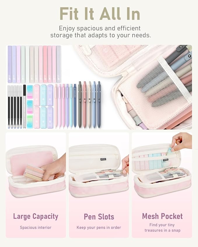 Four Candies 39 PCS Aesthetic School Supplies with Cute Pen Case, 12 Pastel Highlighters, 5 Black Ink Gel Pens, 6 Mechanical Pencils Set 0.5 & 0.7 mm for Students Stationary College Essentials (Pink)