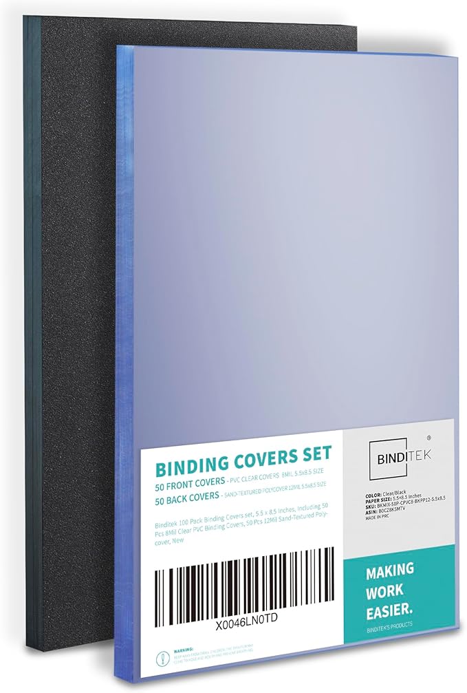 Binditek 100 Pack Binding Covers and Backs Set, 5.5 x 8.5 Inches, Including 50 Pcs 8 Mil Clear PVC Binding Covers, 50 Pcs 12 Mil Sand-Textured Polycovers, for Half Letter Size