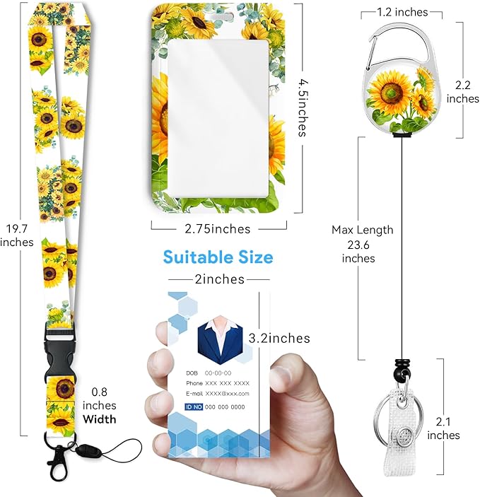 Sunflower Badge Holder with Retractable Reel and Breakaway Lanyard，Badge Clips Retractable Heavy Duty Badge Reel，Funny Keychain，ID Holder with Breakaway Lanyard for School Nurse Office Teen