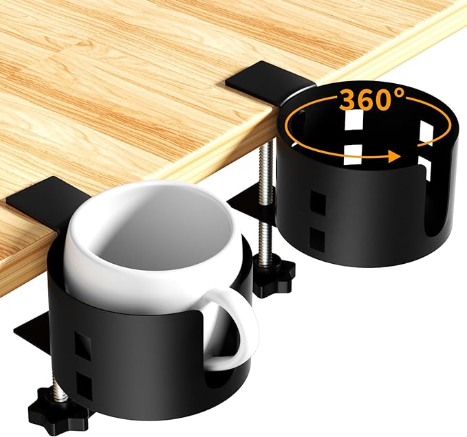 2 Pack Large Desk Cup Holder, OOKUU Anti-Spill Cup Holder for Desk or Table, Sturdy and Durable, Easy to Install, Enough to Hold Coffee Cups, Water Bottles, Gaming PC Office Accessories, Black