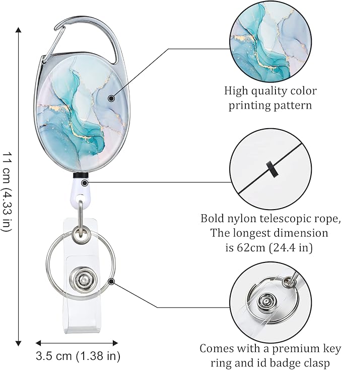Badge Reels Retractable，Double Sided Color Print Pattern Retractable Badge Holders，with Retractable Keychain, Badge Clip and Key Ring，Durable Nylon Retractable Rope，Green Marble
