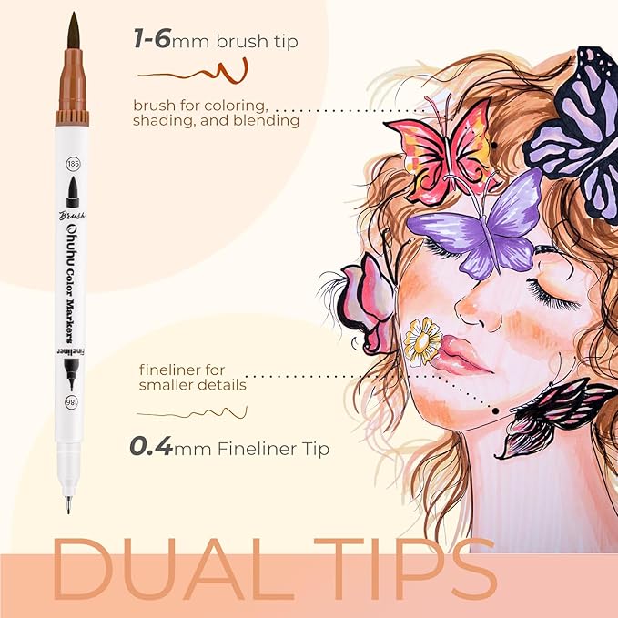 Ohuhu Skin Tone Markers 36 Colors: Dual Tip Brush and Fineliner Markers for Adult Coloring Water Based Art Skintone Marker Pens Set for Portrait Drawing Lettering Writing Calligraphy Journaling - Maui