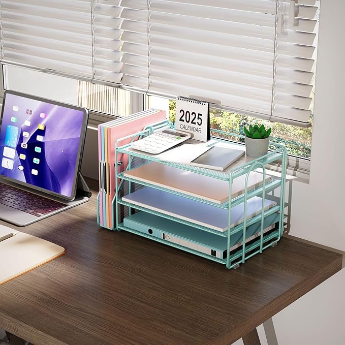 gianotter 2025 New Large Capacity Desk Organizer with Detachable Magazine Holder, 4-Tier Paper Organizer Letter Tray, Desk Accessories for A4 Paper and Document Storage(Blue)