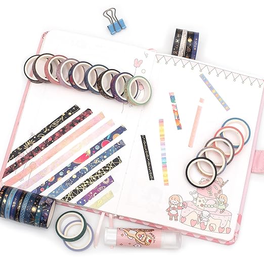 YUBX Skinny Galaxy Washi Tape Set 30 Rolls Gold Foil Decorative Starry Space Masking Tapes for Arts, DIY Crafts, Journals, Planners, Scrapbook, Wrapping