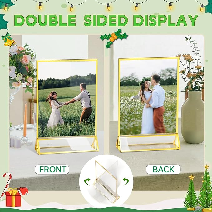 Gold Frames 5X7 Acrylic Sign Holder Double-Sided Tabletop Picture Frames for Menu Holder Wedding Table Number Holder Christmas Photo Frames with Removable Sticky Dots-12 Pack