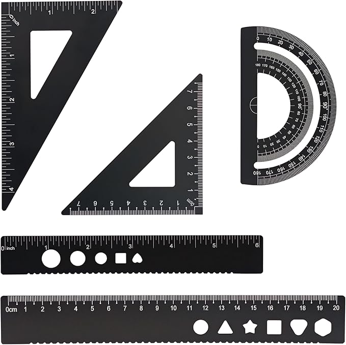 5 Pcs Metal Geometry Set, Math Drafting Ruler Kit- Aluminum Triangle Rulers, Protractor, 8 Inch and 6 Inch Drawing Ruler, Measuring Tool for School and Office (Metric and Imperial, Black)
