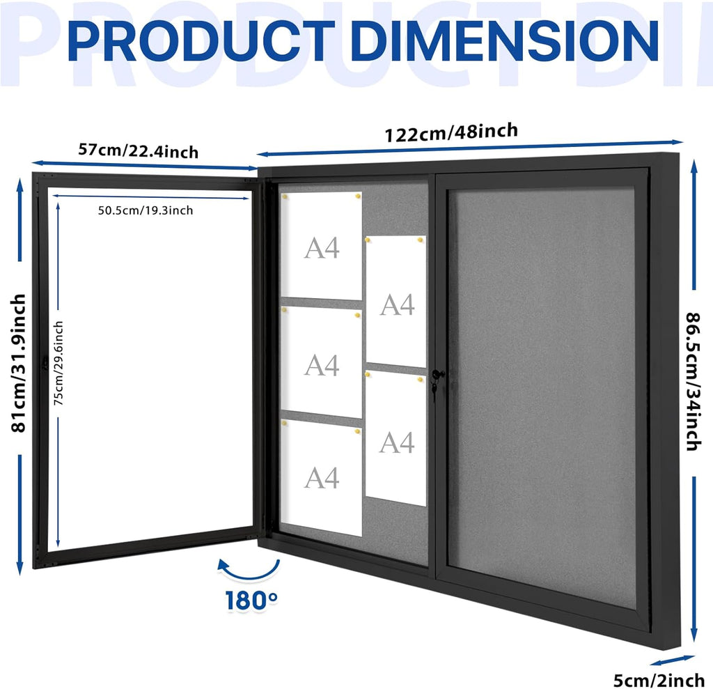 SWANCROWN Enclosed Bulletin Board 48x36in, Outdoor Bulletin Board Weatherproof for Office School Commerce, Grey Felt, Black Aluminum Frame