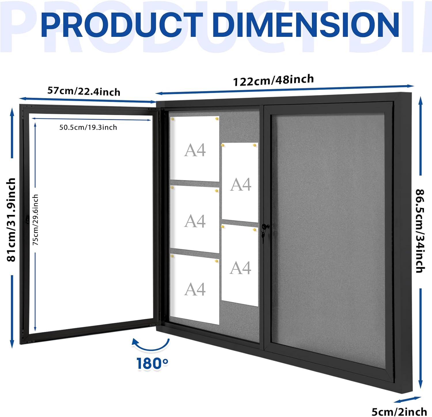 SWANCROWN Enclosed Bulletin Board 48x36in, Outdoor Bulletin Board Weatherproof for Office School Commerce, Grey Felt, Black Aluminum Frame