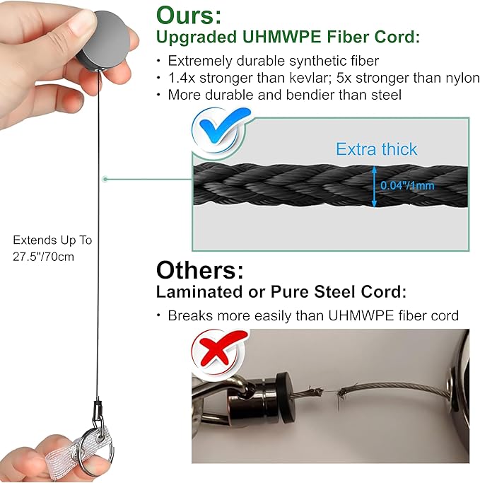 Will Well ID Badge Holder Reel with Clip and Keyring - Heavy-Duty All-Metal Casing with 27.5" UHMWPE Fiber Pull Cord for Durability and Easy Access, Holds up to 8 Keys - 2-Pack, Round, Glossy Black