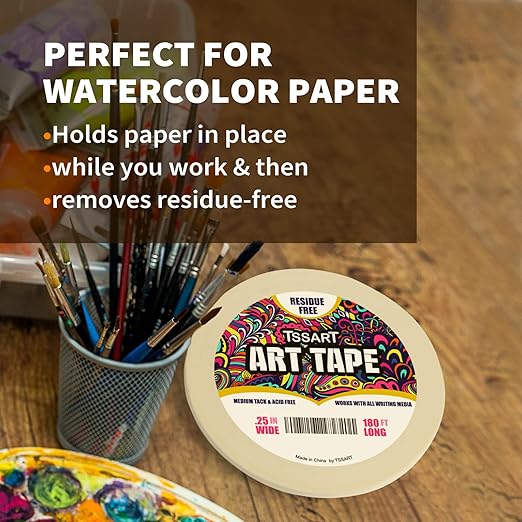 White Art Tape Medium Tack - Masking Artists Tape for Drafting Art Watercolor Painting Canvas Framing - Acid Free 1/4 Inch/ 0.25inch Wide 180FT Long