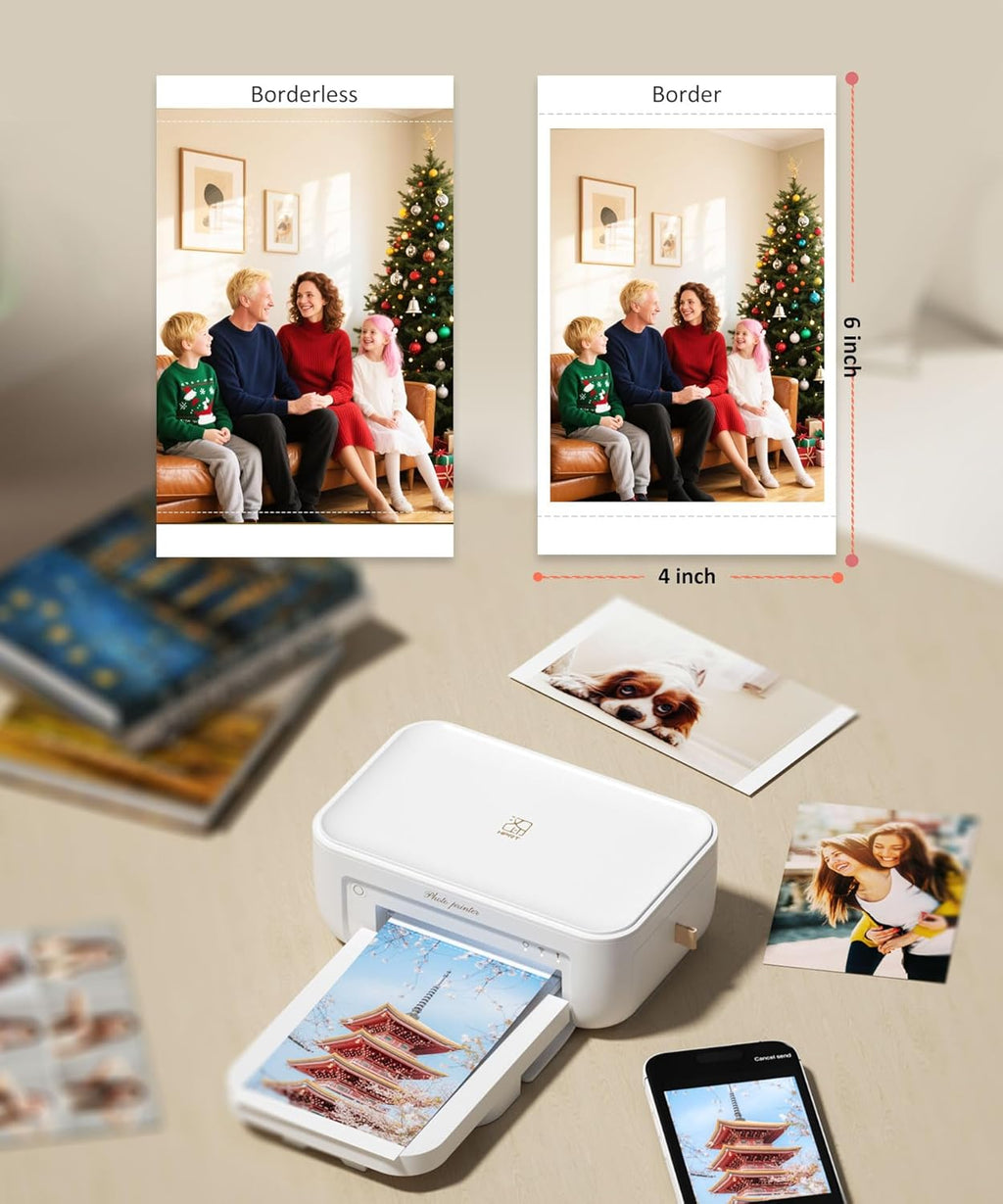 CP4100 4x6 Photo Printer with 108 Sheets & 2 Ribbons, Full-Color Thermal Dye Sublimation Wi-Fi Printing, Portable Instant Picture Printer for iPhone/Android, AR Video, Fun App, Home Use, White
