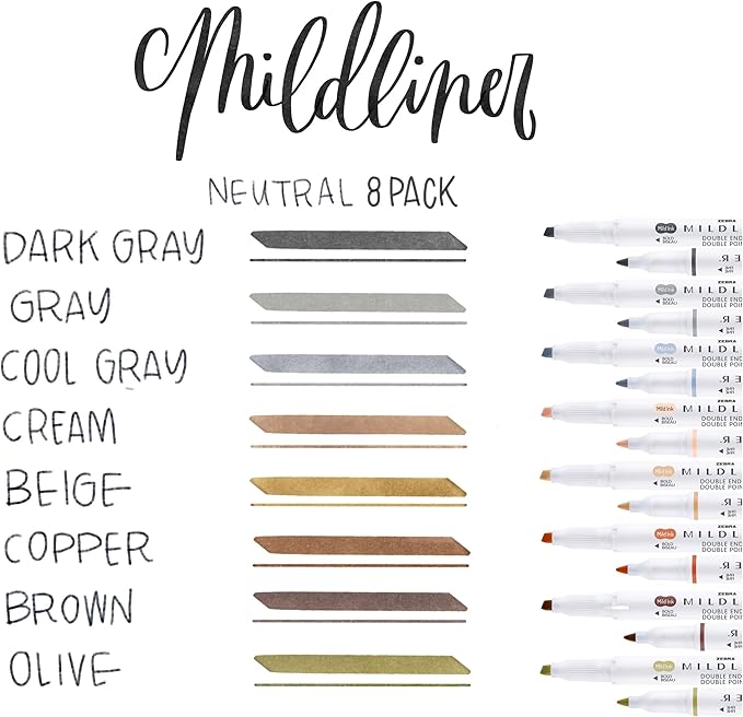 Zebra Pen Mildliner Double-Ended Highlighter, Broad and Fine Point Tips, No Bleed Bible Assorted Neutral Vintage Ink Colors, 8-Pack, Model Number: 78208