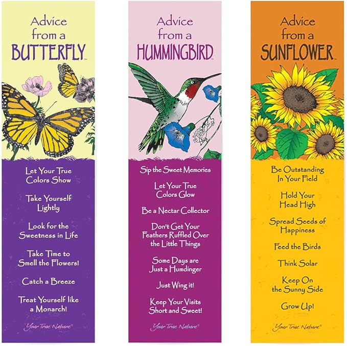 Advice from Nature 3 Bookmark Beauty Set, Laminated with Glossy Finish, Printed on Recycled Paper - Butterfly, Hummingbird, Sunflower (AMBM-BEAUTY)