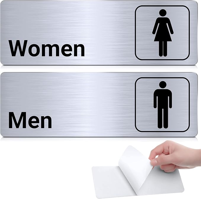 Brushed Aluminum Restroom Signs, Men and Women Modern Restroom Sign, 9 x 3 Inch Bathroom Door Signage Decor for Offices Business Restaurants (2 Pcs)