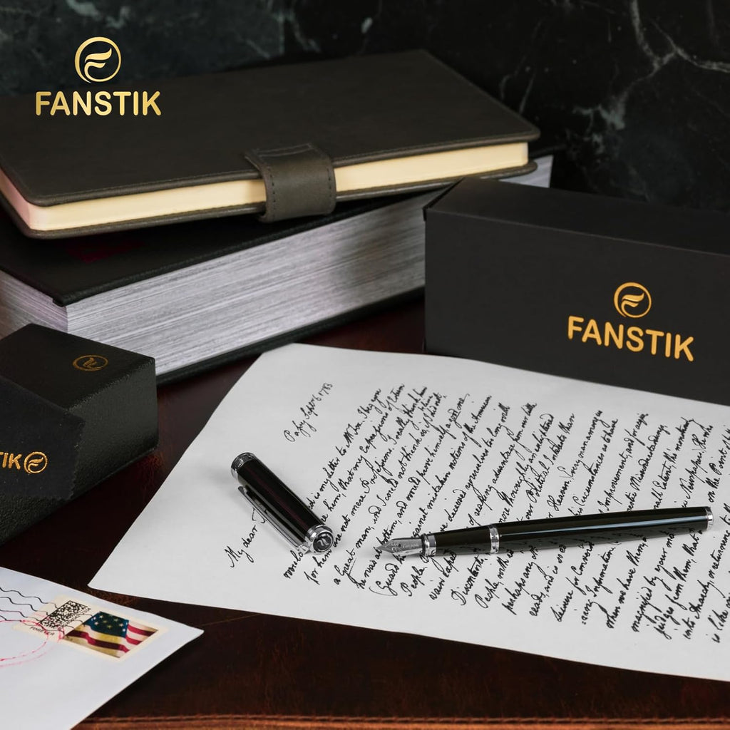 Customized Black & Silver Luxury fountain pen (Made In USA) fancy gift set for women, Real 24K Gold Plating, Professional executive pen gift set for men (Lux Custom-fountain Black-Silver)