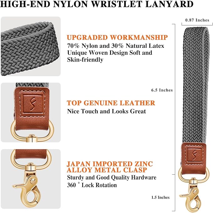 Fishent Stretchy Wristlet Keychain,Braided Cute Wrist Lanyards for Keys, Key Chain Holder for Women Men, Wrist Strap Keychain for Car Keys Phone Camera Wallet ID Badges Card (Space Gray)